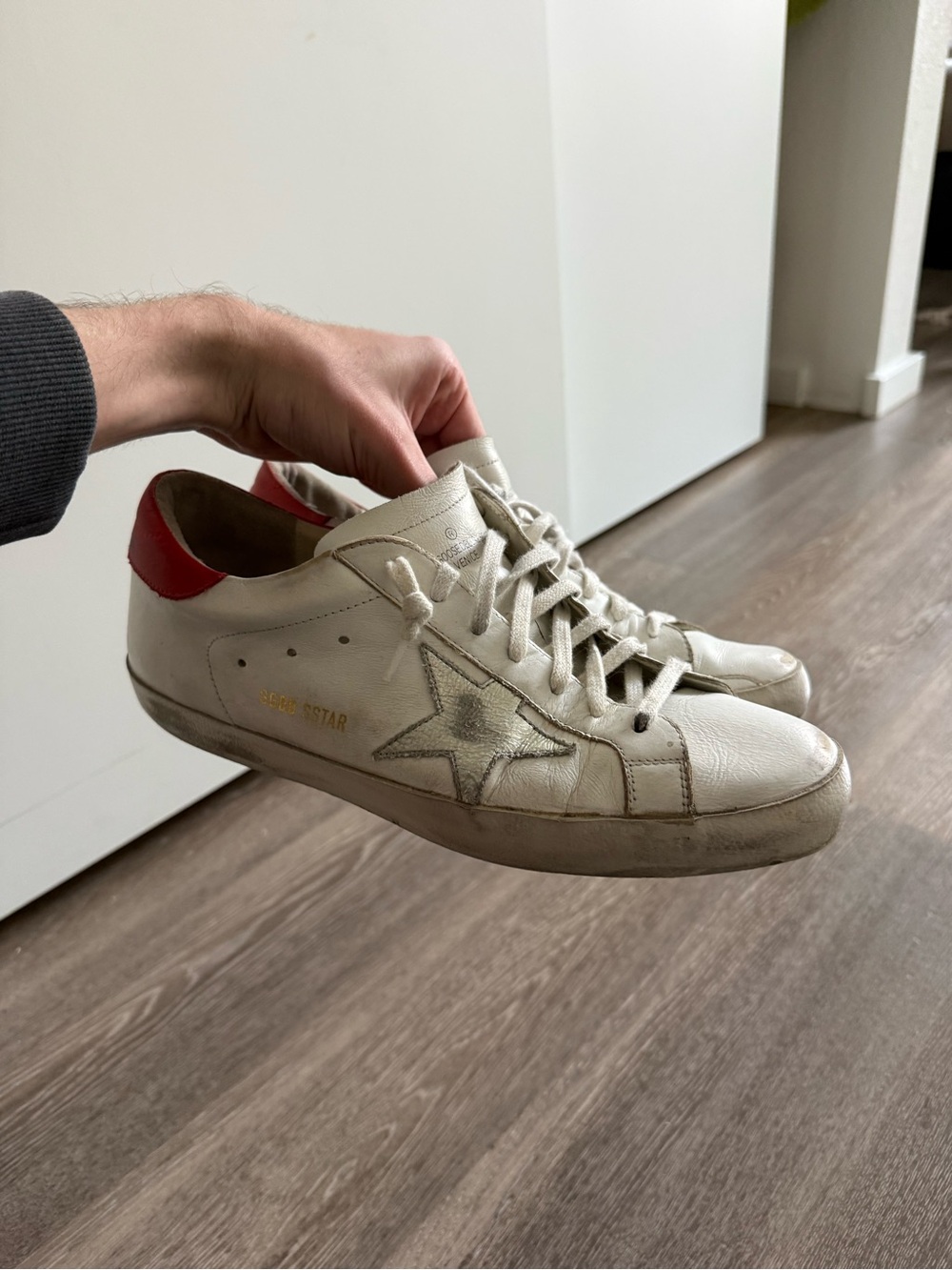 Golden Goose White Leather Sneakers with Red Heel and Silver Star